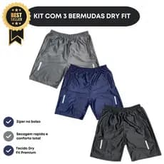 Bermudas Masculinas Dry Fit Secagem Rápida, Academia e Esporte | Kit com 3 unidades