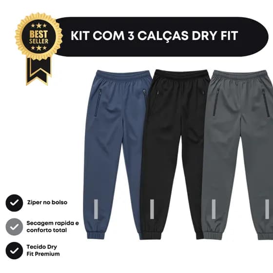 Calças Dry Fit Esportiva Leve Respirável e Confortável Kit com 3 Unidades