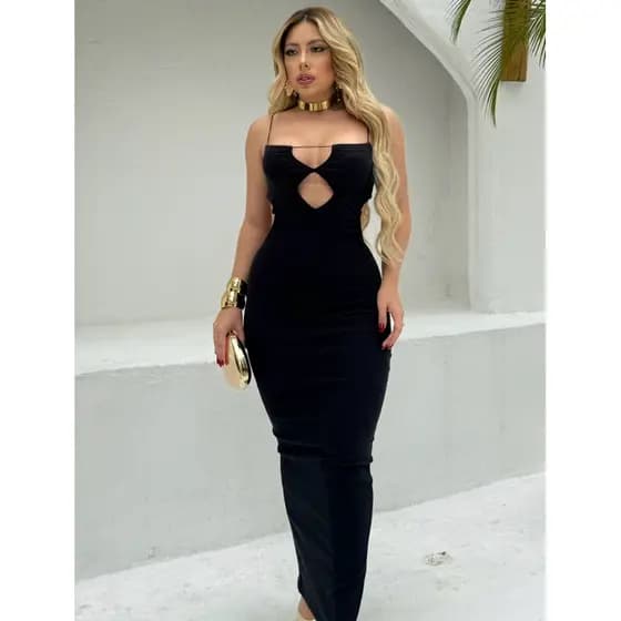 Vestido Longo Feminino Elegante Decote Vazado Festa Blogueira