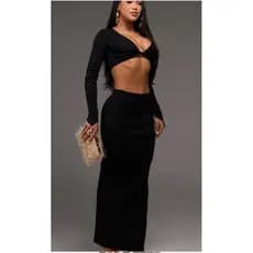 Conjunto Feminino Canelado Cropped Manga Longa + Saia Midi Fenda Elegante Festa Moda Blogueira