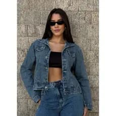 Jaqueta Jeans Feminina Cropped Premium Preta / Azul / Marmorizada – Estilo Blogueira Tendência 2026