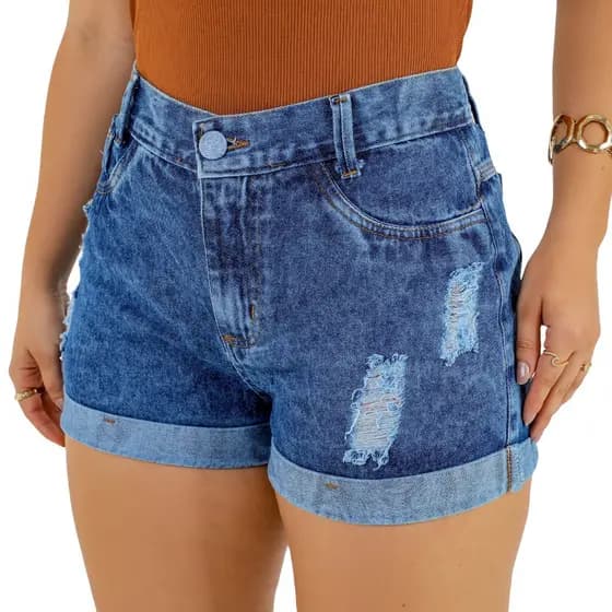 Short Jeans Feminino Soft Marmorizado Cintura Alta Barra Dobrada,clickfacilstore1
