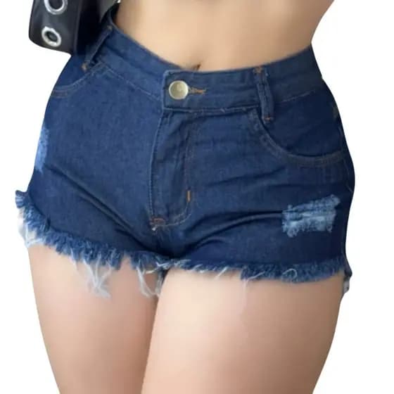 Short Jeans Feminino Escuro Curto Barra Desfiada,Fashion wave loja online
