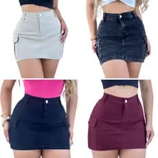 Saia Jeans Feminina Cargo Cintura Alta Com Lycra Mini Saia Curta