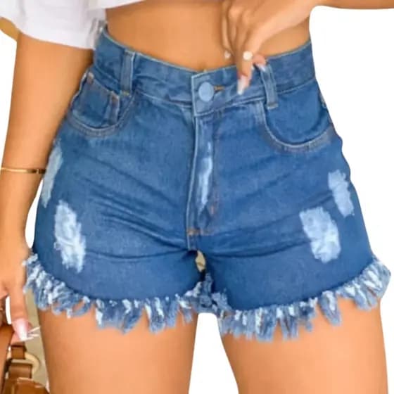 Short Jeans Feminino Soft Desfiado Destroyed Botão Capado,clickfacilstore1