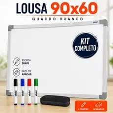 Lousa Quadro Branco 90x60 com Apagador + 4 Canetas Alumínio Para Escritório, Escola Home Office