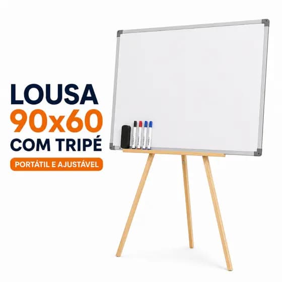 Lousa Branca 90x60 com Tripé de Madeira Portátil Ajustável Quadro Branco - Escola Escritório Reunião