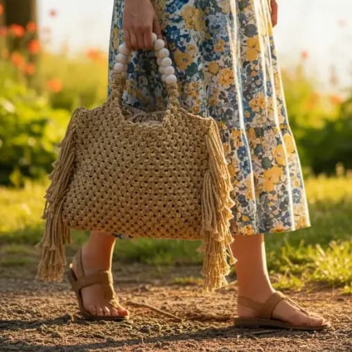 Bolsa de Palha LaytonVivian LV2552 Alça com Contas Franjas Laterais Forro + Bolso Boho