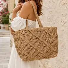 Bolsa Tote Feminina Grande Tipo Palha com Trama Geométrica Alças Longas Forro Interno Praia LV2602