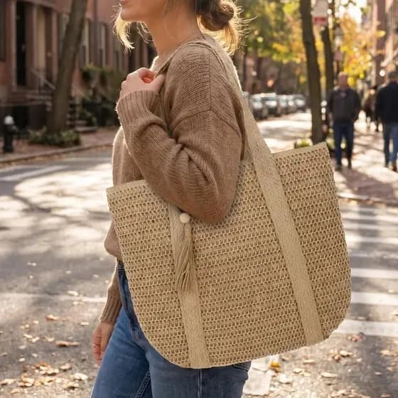 Bolsa Tote de Palha Praia Verão Trançada LaytonVivian LV2501 com Tassel Forro e Zíper minimalista