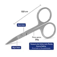Tesoura de Unha Inox Ponta Curva Safira 3.5" Prata 8,8cm Alta Precisão
