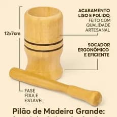 Pilão de Madeira Grande 12x7cm Marrom para Cozinha e Temperos