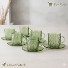Conjunto de Xícaras de Vidro com Pires Rattan Verde 90ml Hauskraft - 12 Peças