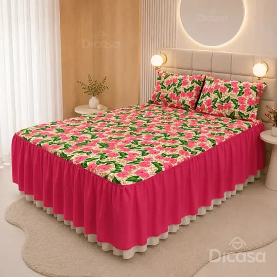 Colcha Casal Babado Oxford Kit 3 Peças Cobre Leito Floral Porta Travesseiro