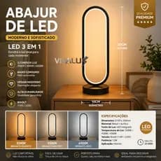 Abajur de LED Moderno Preto 3 Luz Em 1 Luminária De Mesa P/ Quarto Sala Mesa Hall Canto Minimalista
