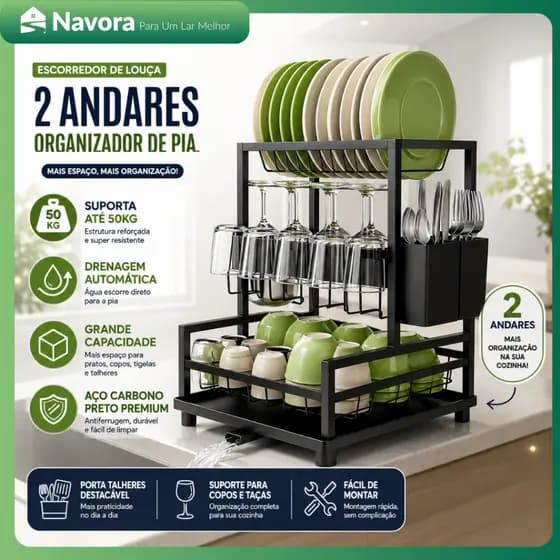 Escorredor de Pratos e Utensílios 2 em 1 Aço Inox com 3 Camadas e Sistema de Drenagem Ajustável