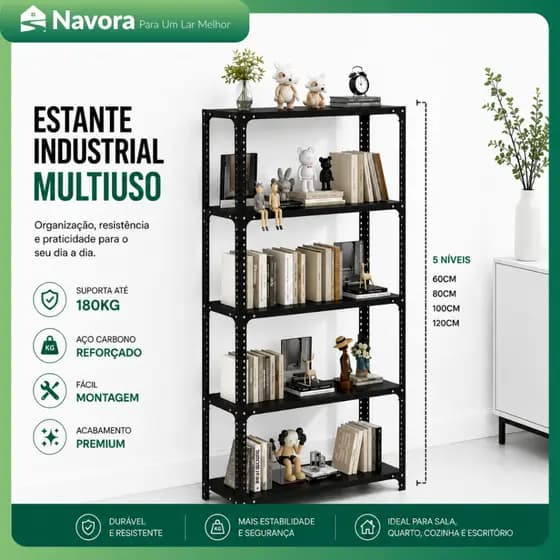 Estante Prateleira Industrial Armario em Aço 5 Níveis – Organizador Durável Sala Cozinha e Quarto