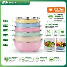 Tigela de Aço Inox Colorida Multiuso para Cozinha, Salada e Pet - 1 a 6 Peças
