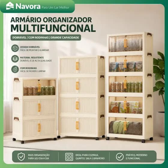Armário Dobrável Organizador Multiuso 6 Camadas Empilhável com Rodinhas Porta Magnética 2 Portas