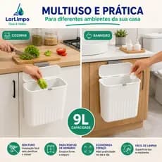 Lixeira Suspensa 9L com Tampa Deslizante | Lixeira de Cozinha Sem Furo para Porta de Armário, Banheiro e Pia