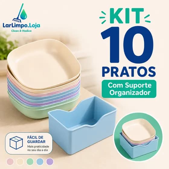 Kit 10 Pratos Reutilizáveis com Suporte Organizador | Pratos para Frutas, Petiscos e Sobremesas | Fácil de Guardar