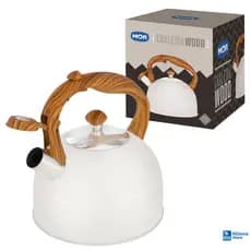 Chaleira Wood 2,5L Mor Bege Alumínio Com Tampa Cabo Amadeirado Para Fogão Cozinha Café Chá Premium