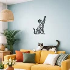 Quadro Preto Mdf Gato Geométrico Aplique Vazado Decorativo Dupla Face