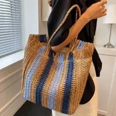 Bolsa de palha de grande capacidade ideal para férias uso casual na praia portátil e moderna com alça de ombro