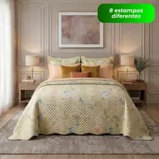 Kit Cobre Leito Colcha Queen 3 Peças Dupla Face Boutis Matelado Estampado Porta Travesseiro