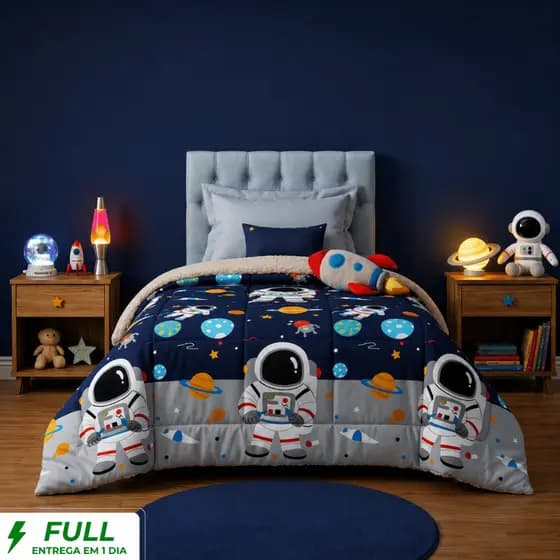 Coberdrom Cobertor Infantil Solteiro Estampa Astronauta Sherpa Plush Cacintex Aventura Espacial