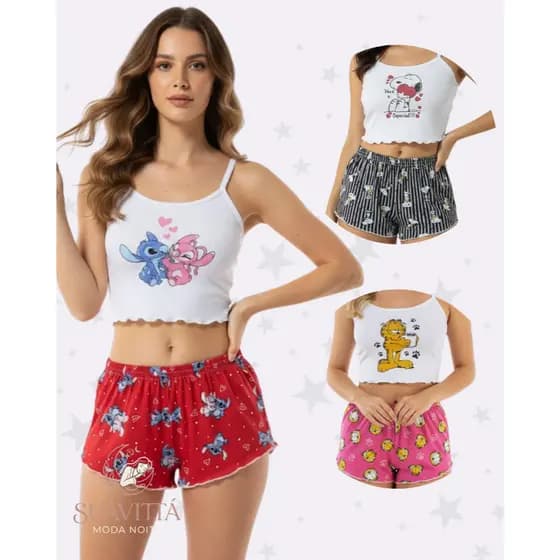 Conjunto Pijama Feminino Short Doll Baby Doll Personagem Malha Leve Confortável Promoção