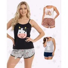 Kit 1 ou 2 Pijama Baby Doll Feminino Capivara Vaquinha Gatinho Malha Leve Confortável Promoção