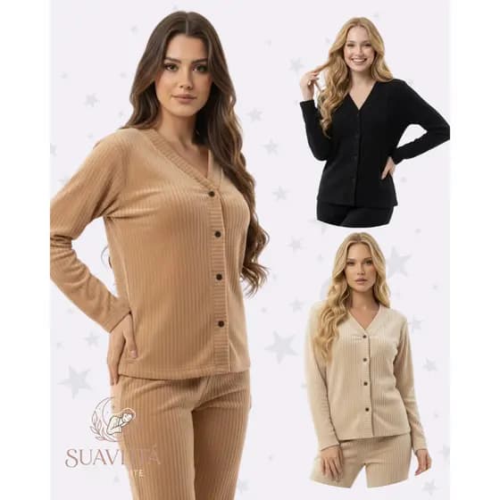Conjunto Americano Canelado Aveludado Luxo Ted Pijama Quentinho Botão Gestante Amamentação Soft Fleece Inverno Frio