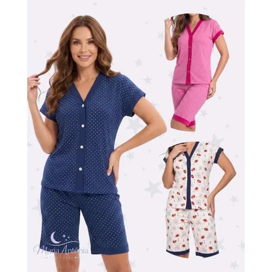 Conjunto Pijama Feminino Pescador Aberto Com Botões Amamentação Pós Cirúrgico Gestante Promoção