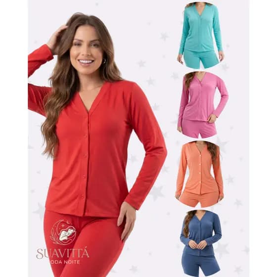 Pijama Feminino Estilo Americano Amamentação de Botão Inverno Frio Malha Confortável Promoção