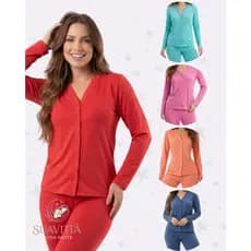 Pijama Feminino Estilo Americano Amamentação de Botão Inverno Frio Malha Confortável Promoção