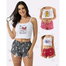 Pijama Baby Doll Short Doll Feminino Personagem Malha Confortável Promoção