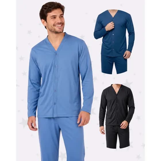 Pijama Blusa e Calça Conjunto Longo Americano Masculino Adulto Inverno Botão Cirúrgico Promoção