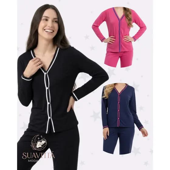Pijama Blogueira Americano Feminino Inverno Aberto Amamentação Botão Pós Cirúrgico Confortável Elegante