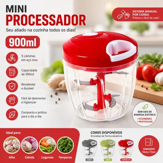 Mini Processador Manual 900ml 5 Lâminas Inox Triturador Alho Cebola Temperos