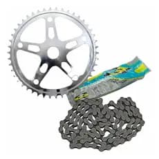 Pack Peças Bike Coroa 46 Dentes Cromado Com Corrente Grossa Bike