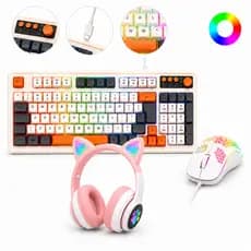 Kit Gamer Branco 3 em 1 Teclado Gamer RGB Anti-Ghosting + Mouse Gamer com Fio + Headset Sem Fio Cat Ear RGB