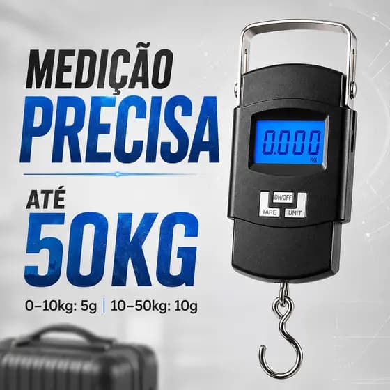 Balança Digital de Mão Portátil 50kg com Gancho LCD para Mala Bagagem Viagem Pesca Alta Precisão