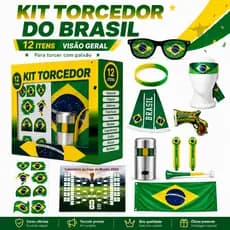 Kit Torcedor Brasil 2026 Copa do Mundo 12 Itens com Camisa, Bandeira e Acessórios de Fã