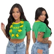 Cropped Feminino Brasil Copa + Colar Havaiano Tecido Algodão Premium Super Conforto