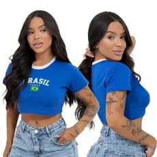 Cropped Brasil  Copa Moda Feminina  Acompanha Colar Havaiano –  Tecido Algodão Macio
