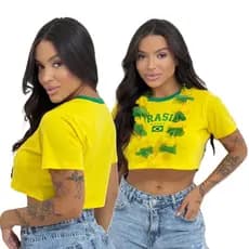 Blusa Cropped Feminino Brasil Copa do Mundo  + Colar Havaiano Brinde Tecido 100% Algodão  Caimento Perfeito