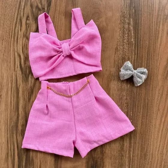 Conjunto Infantil Meninas Linho Shorts e Blusa cropped Laço Conjunto Infantil Mini Diva alfaiataria