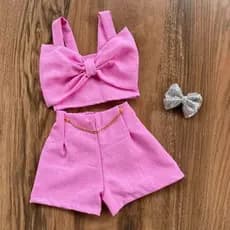 Conjunto Infantil Meninas Linho Shorts e Blusa cropped Laço Conjunto Infantil Mini Diva alfaiataria