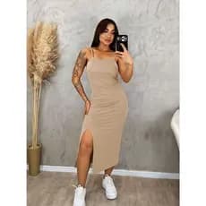 Vestido Midi Canelado Feminino com Fenda Lateral | Tubinho Justo Alça | Moda Casual Elegante